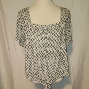 Lucky Brand Floral Print Short Sleeve Square Neck Tie Hem Blouse Womens Size 1X